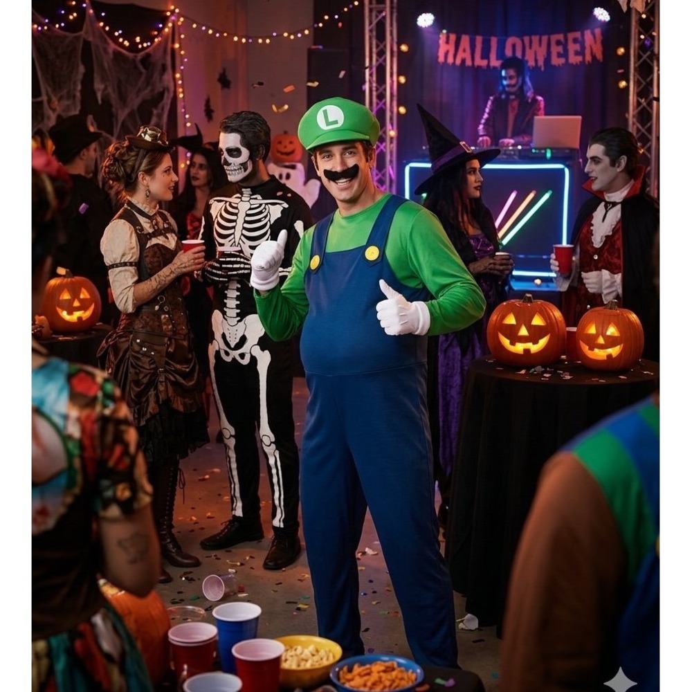 Disguise Super Mario Luigi Deluxe Adult Costume Padded Belly L-XL 42-46